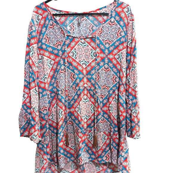 new directions Tops - New Directions Size Large Boho Medallion Print Peasant Top With Tassels